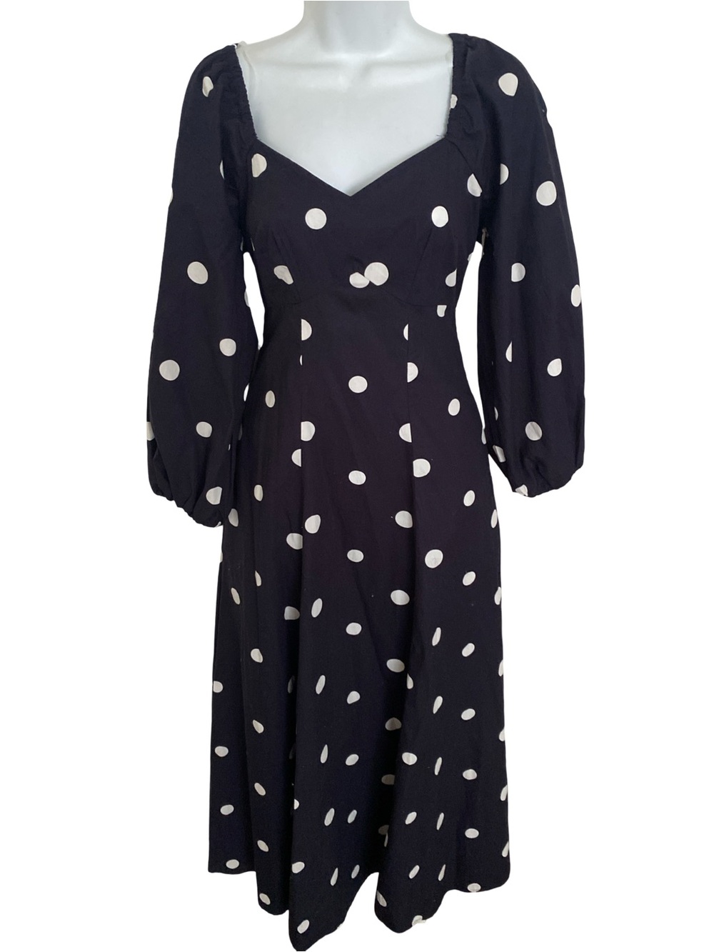 Free Assembly Black   and White Polka Dot Midi Dress -Classic Puff Sleeve-s(0-2)